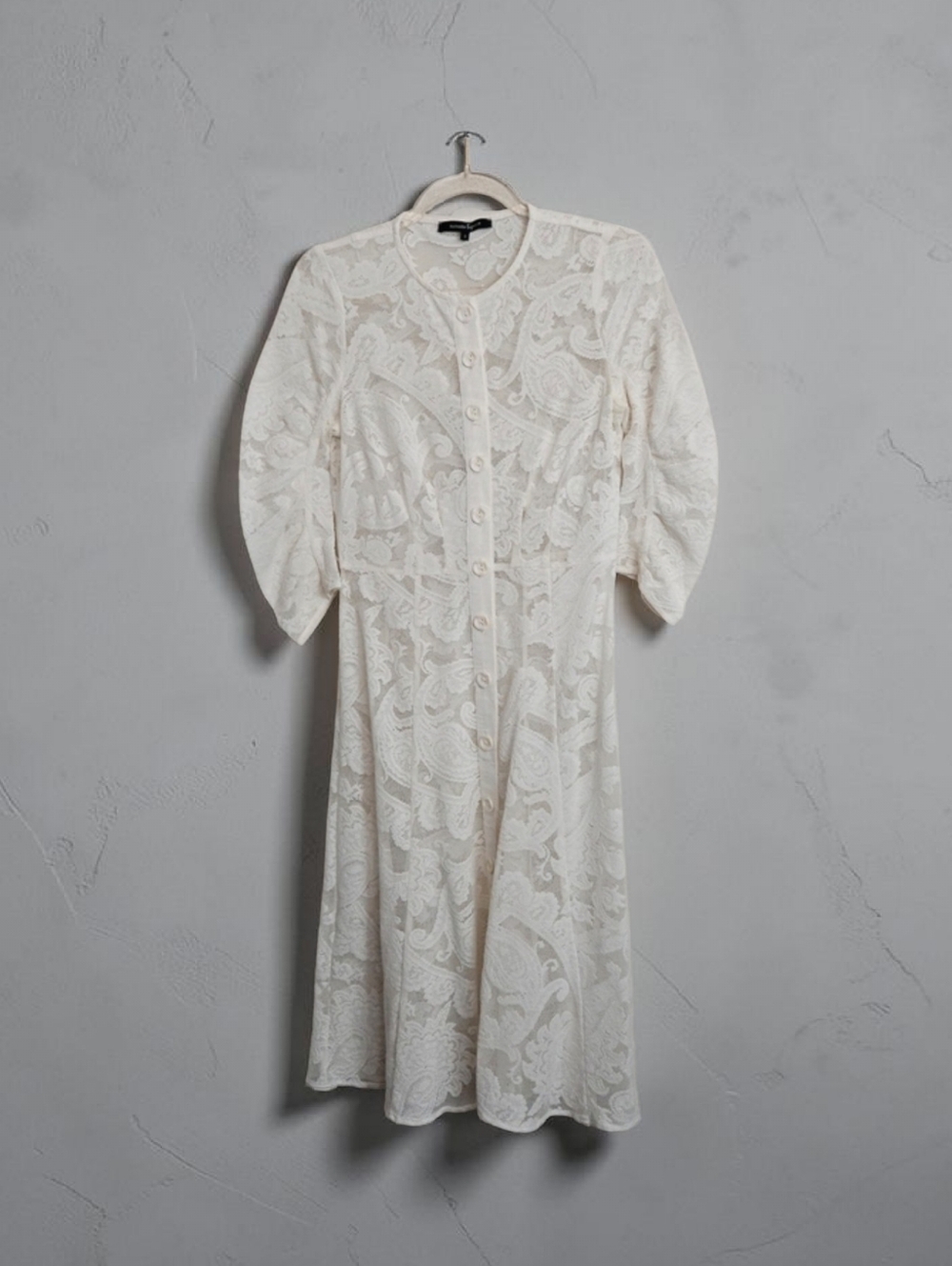 Nanette Lepore Cream Ivory Paisley Lace Midi Dress  Size 0 Puff Sleeves Button
